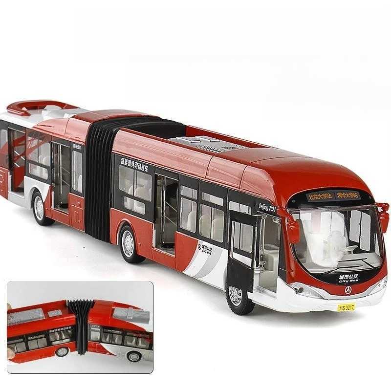 1 32 Articulated Double Section Bus Toy Car Diecast Coach Model Pull Back Doors Openable Sound Light Collection Gift Kid Boy X241209