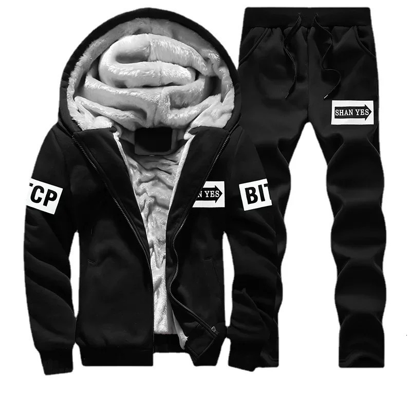Fleece Men Set Fashion Tracksuit Lined Thick Sweatshirt Pants Sportswear Suit Male Winter Warm Hooded Outerwear 241209