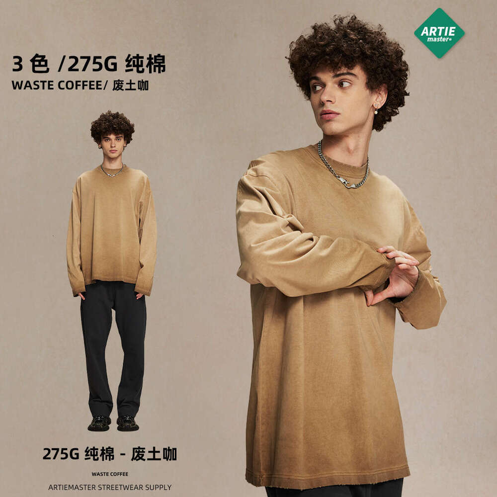 2024 autumn 275g reverse bottom stir fried color street fashion brand wash water t-shirt for men ins dirty dye waste soil retro long sleeved shirt