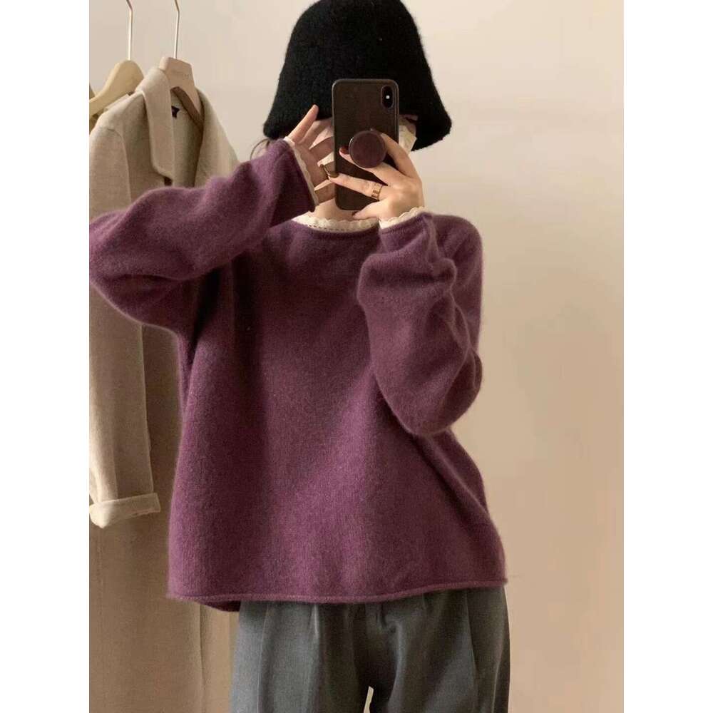 Korean fashion 2022 autumn and winter new item soft glutinous lace border raccoon fur knitted women, solid color base sweater for women