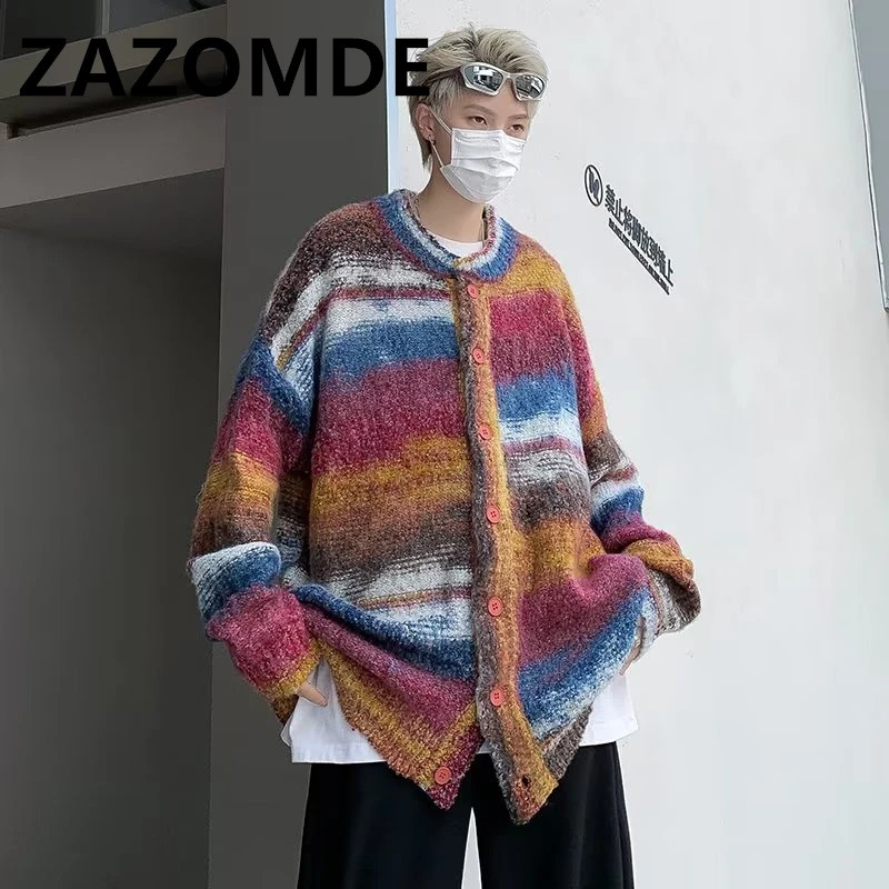 ZAZOMDE winter punk knit sweater mens striped er oversized Harajuku streetwear sweater autumn hip-hop cardigan 241205