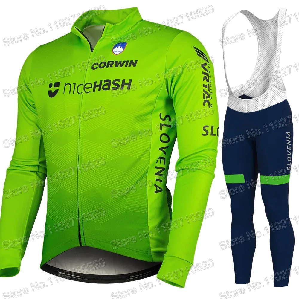 Slovenia national team cycling jersey set mens long sleeved winter green clothing set MTB cycling pants bib Ropa Ciclismo 241209