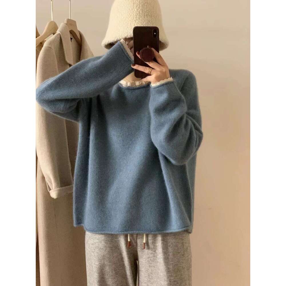 Korean fashion 2022 autumn and winter new item soft glutinous lace border raccoon fur knitted women, solid color base sweater for women
