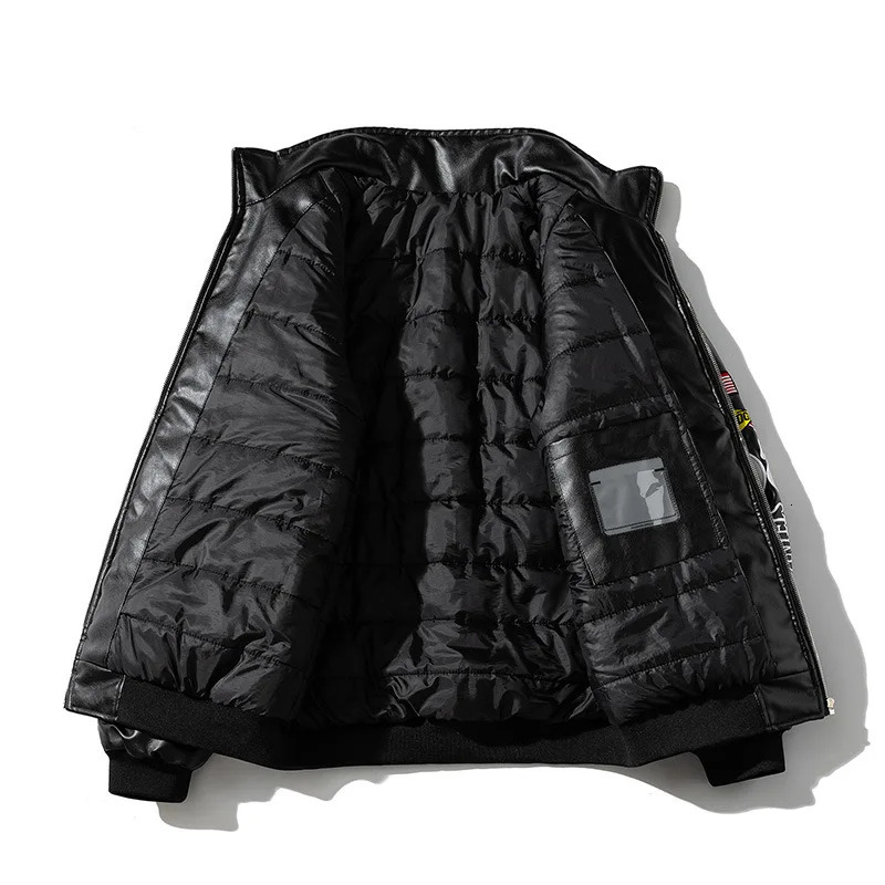 Street Mens Leather Jacket Racing Bomber Cotton Autumn Fashion Embroidery Baseball Collar Handsome Coat