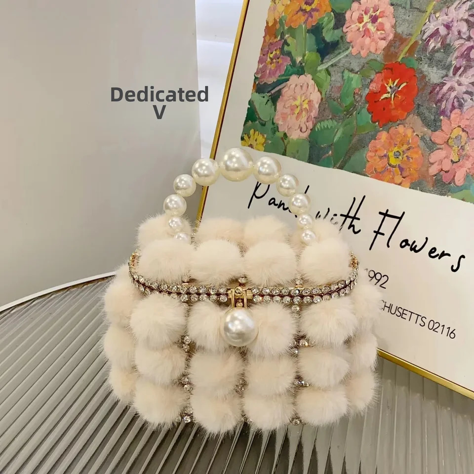 Metal Pearl Mink Fur Bushy Vegetable Basket Bucket Bag Sequins Winking Plush Bird Cage Handheld Crossbody Bag For Banquets 241209