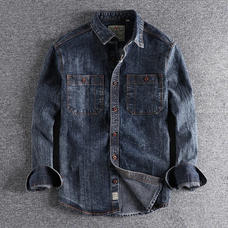 Retro mens goods snowflake washed hard denim shirt thick and thin cotton uniform light casual work hunting top 241209