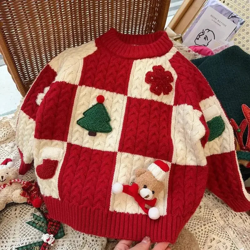 Childrens Red Checkered Sweater Year Greetings Autumn and Winter Christmas Knitted Sweater Winter Warm Bottom Pants 241210