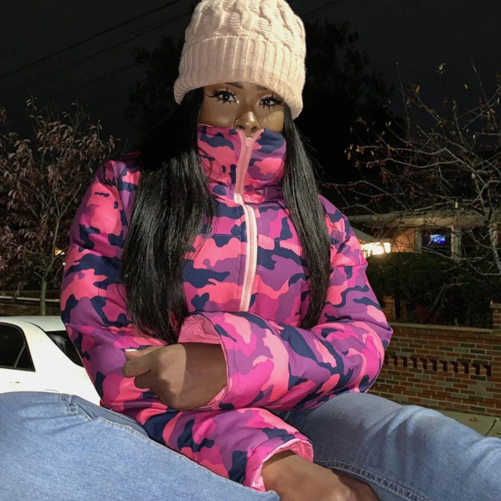 Fashionable and cute womens bright PU pink inflatable jacket winter warm bubble shiny leather park down zipper cutting 241209