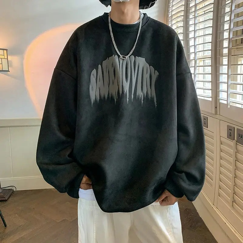 Men Trendy Vintage Sueded Letter Print Oversize Streetwear Sweatshirt Y2K Casual Round Neck Long Sleeve Pullover Hip Hop Hoodies 241209