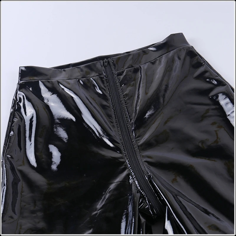 High waisted black PU leather tight fitting mens zipper womens open crotch pants latex legs nightclub pencil push ups 241209