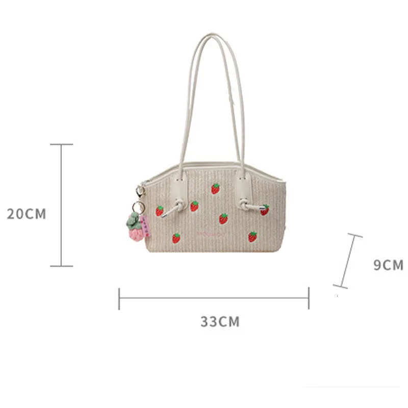 Large capacity womens straw handbag cute strawberry pattern summer beach womens armpit handbag shoulder messenger bag 241205