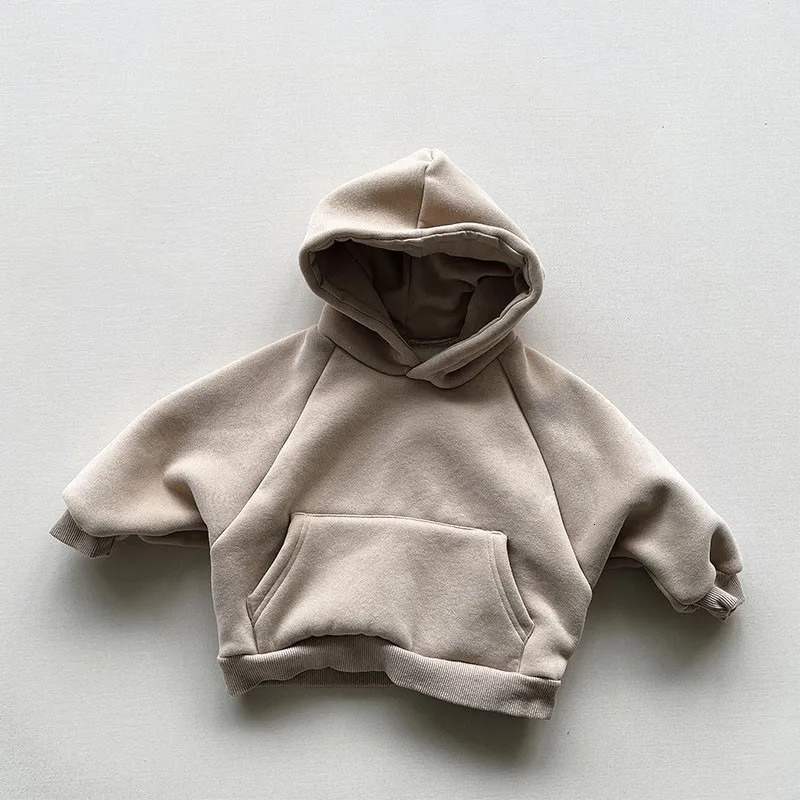 Winter Wool Solid Hoodie Baby Boys Casual Loose Pocket Full Match Hoodie Girls Simple Thick Zipper Cotton Dress 241210