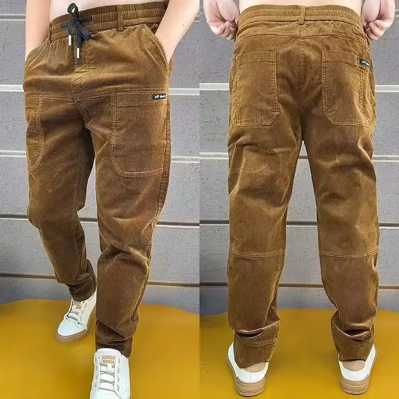 Corduroy Cargo Trousers Mens Simple Loose American Retro Casual Elastic Work Splicing Multiple Pockets Rib Leg Jogging Pants 241209