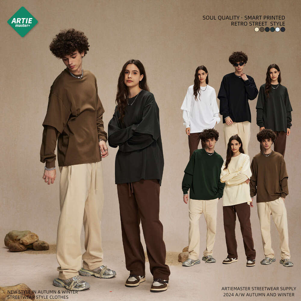 2024 Autumn New Trendy Brand Wear Fake Two piece Long sleeved T-shirt Men's Loose Casual Bottom Shirt