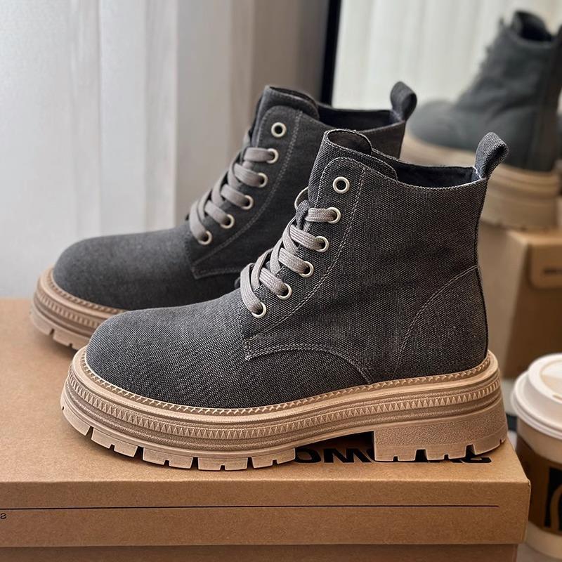 Women Boots:Thick Sole Canvas Boots 2025 Spring New Style Casual Versatile Breathable Short Boots Lace-up,Khaki/Grey,Free shipping