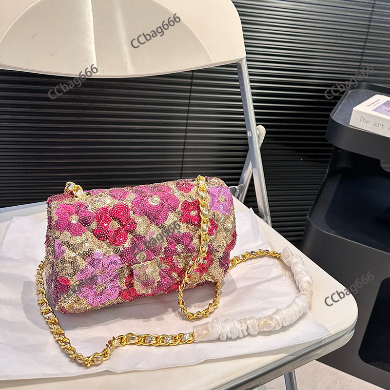 Colorful Flower Pattern Cf Women Designer Shoulder Bag Shimmer Sequins Decoration Gold Hardware Matelasse Chain Handbag Luxury Cross Body Bag Makeup Purse Sac 20cm