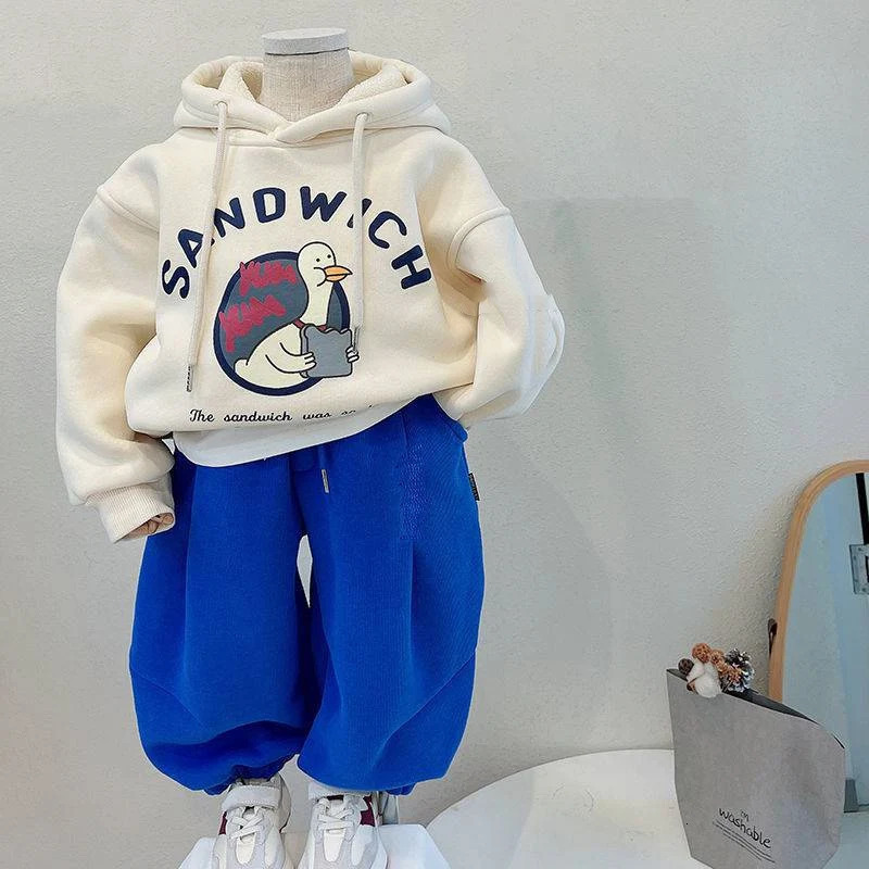 Boys hooded sweatshirt cotton top red warm thick velvet winter autumn toddler pulley baby chlorine 241210