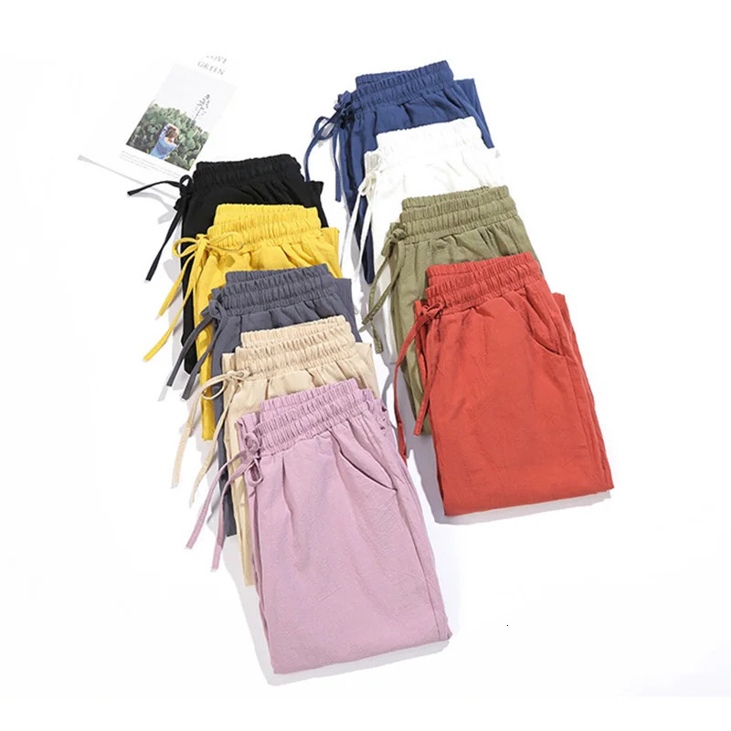 Womens Spring Summer Pants Cotton Linen Solid Elastic waist Candy Colors Harem Trousers Casual Female 241203