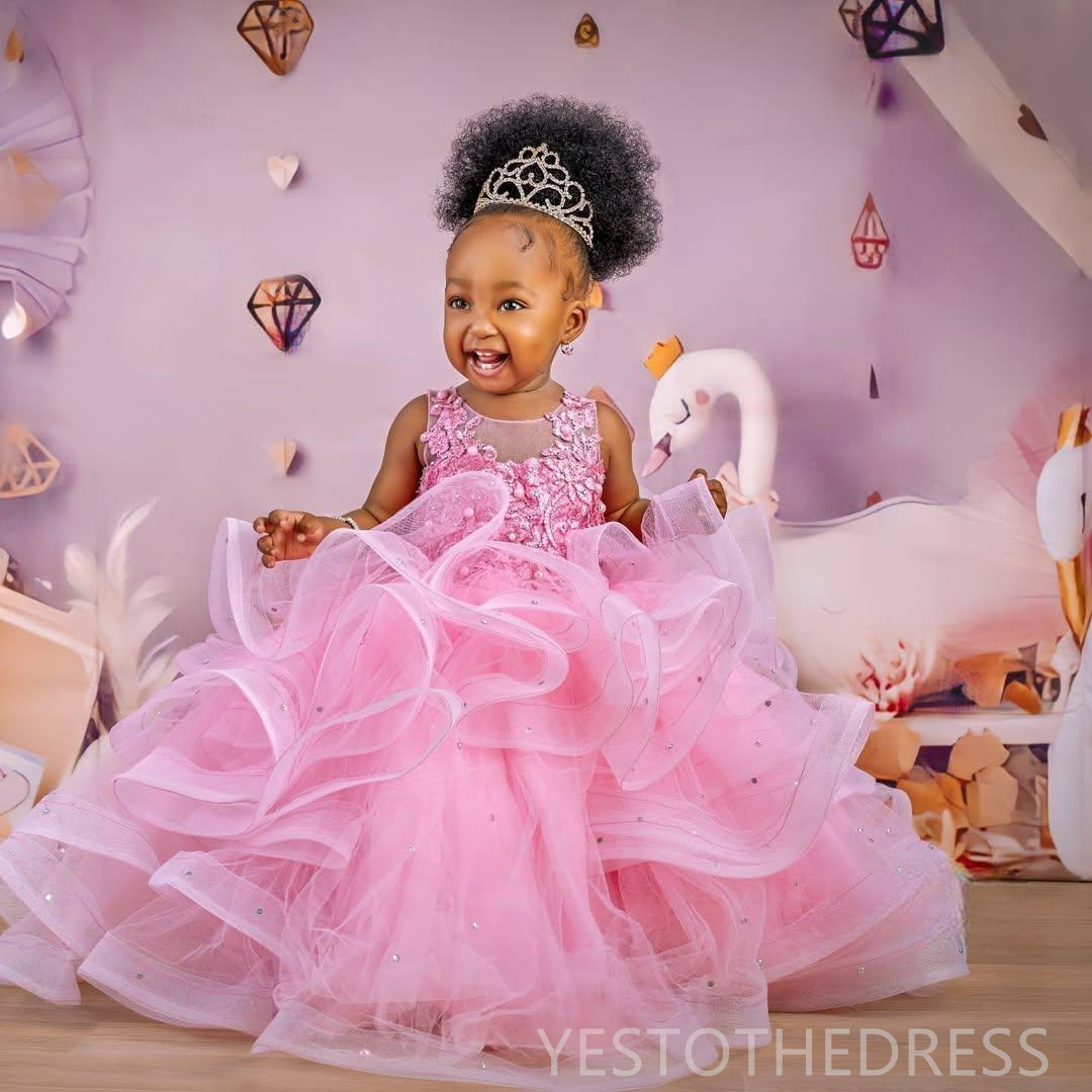 2025 Cute Pink Flower Girl Dresses Girls Birthday Dress Communion Gowns Sheer Neck Appliqued Lace Beaded Rhinestones Tiered Tulle Princess Marriage Dr