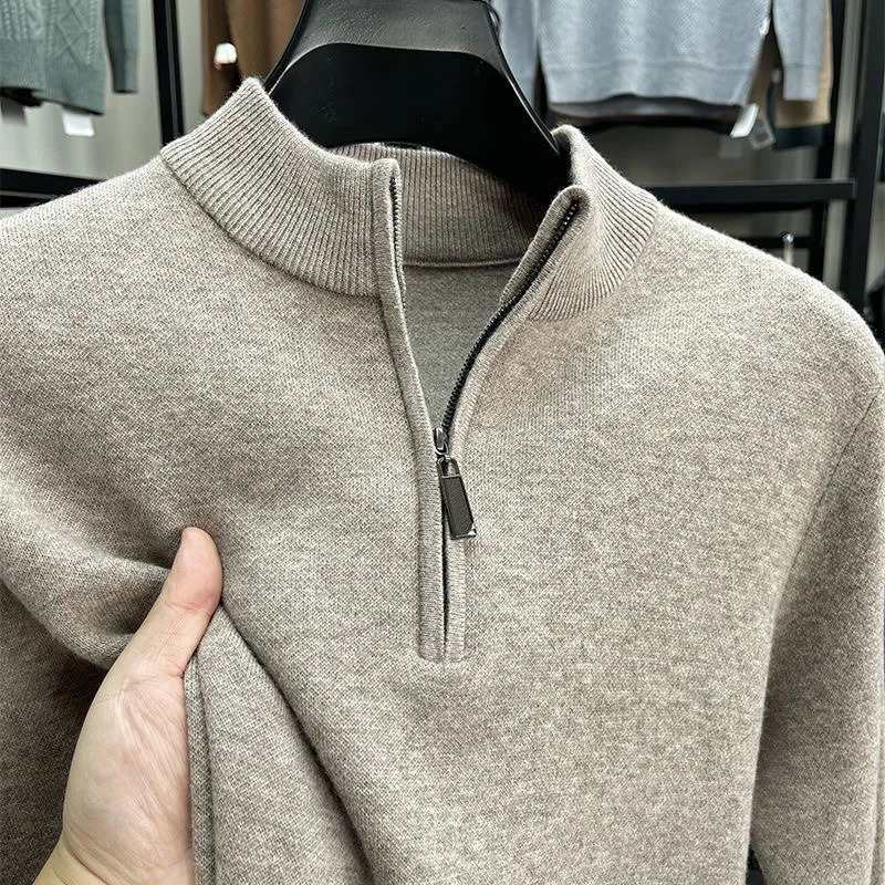Business Half Zipper Warm Winter Men Sweater Thickened Solid Color High Quality Korean Streetwear Fashion Tops Pullovers 241209