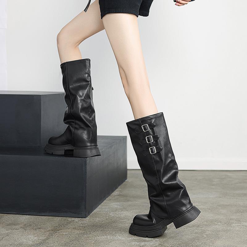 Women Boots:Western Style Thick Sole High-top Boots New Version Round Toe Belt Buckle Long Boots,Black/Brown/Khaki,Free shipping