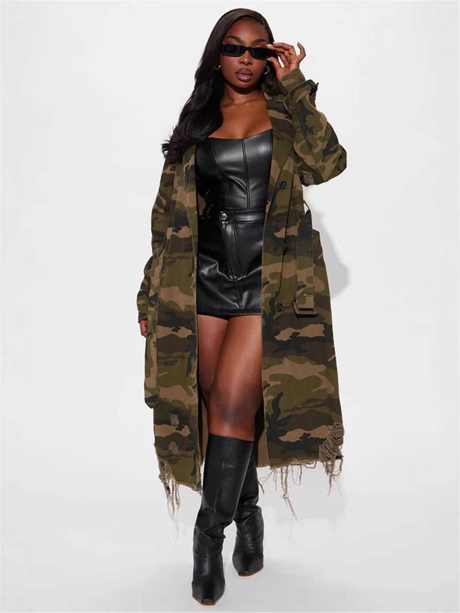 Women's Jackets Women's torn personality camouflage long trench coat with belt Q241210
