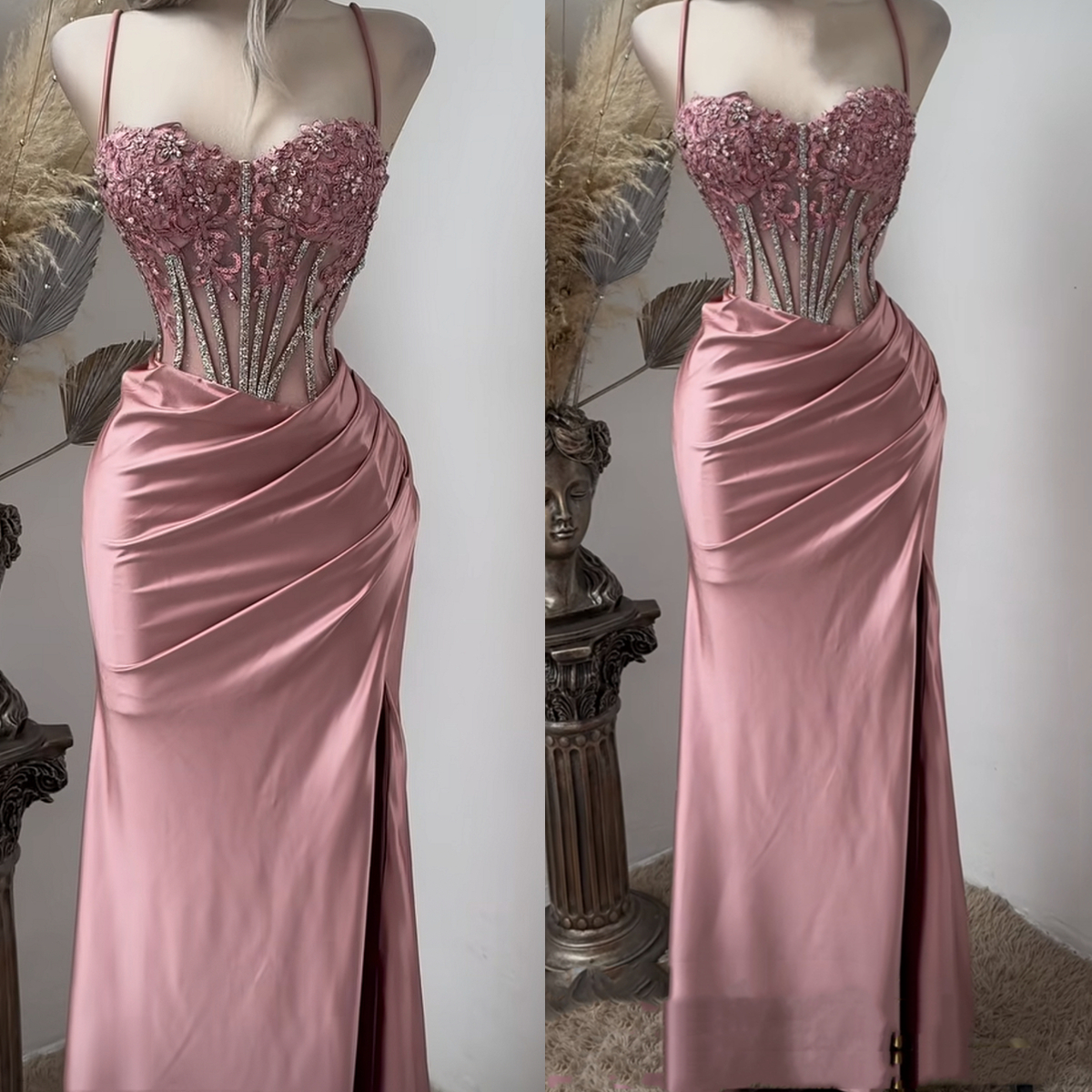 Or Length Pink Mermaid Prom Dresses Side Split Spaghetti Straps Sexy Special Ocn Dress Lace Appliques Crystals Beaded Illusion Corset Pageant Evening 