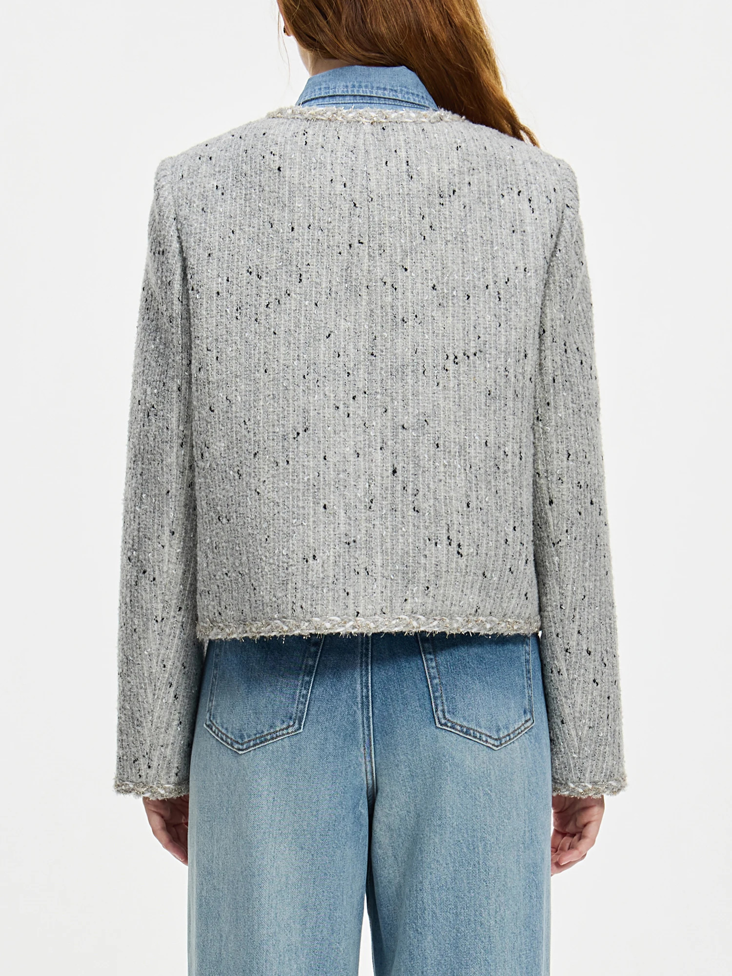 FSLE 333% Wool Women Grey Tweed Jacket Round Neck Temperament Short Coats Winter Thicken 24FS14422 241209