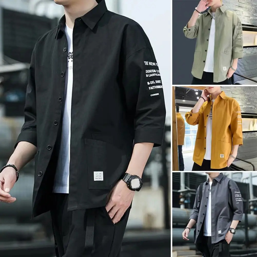 Japanese style casual jacket mens short sleeved shirt cargo three collar lapel 241209