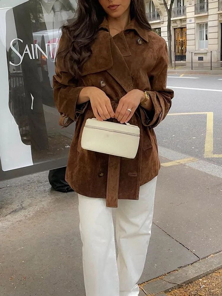 Vintage Belt Suede Cropped Womens Trench Coat Full Sleeve Double Breasted Windbreaker Jackets 2024 Commute Loose Overcoats 241205