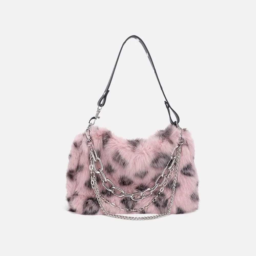 Wen Faux Fur Winter Fi Shoder Bag Leopard Print Cluh Purses Fluffy Plush Fem Handbags with Chain Strap Z241210