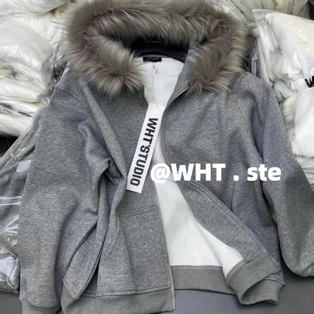 Y2K Fashion Simple and Generous Splicing Hooded Mao Collar Plus Velvet Zipper Sweater Coat Womens Loose Casual Couple 241211