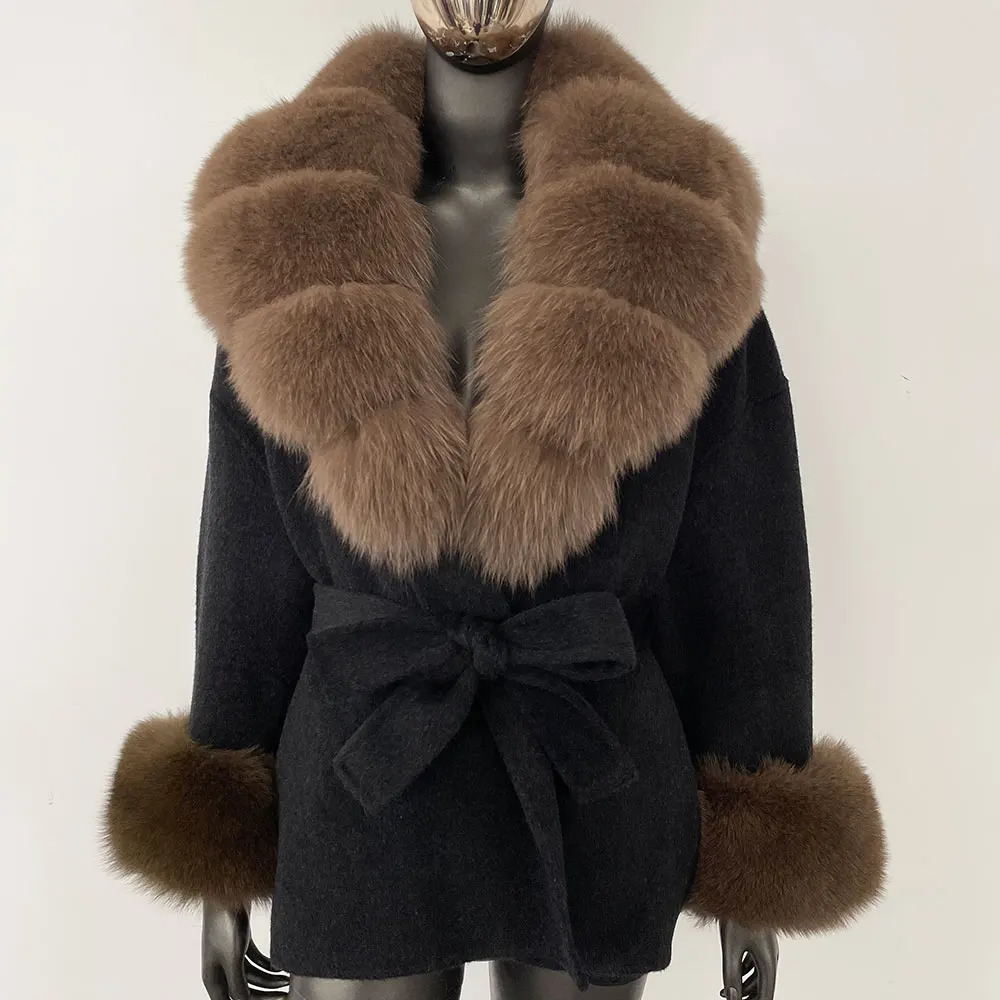 Belt Pocket Winter Jacket Natural Real Raccoon Fox Fur Blends Wool Coat Women Loose Outerwear Casual Streetwear 241211