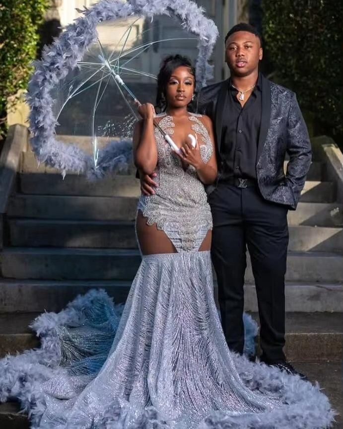 2025 Sier Lace Long Sparkly Mermaid Formal Prom Dresses Customsised Beaded Evening Ocn Gala Gowns