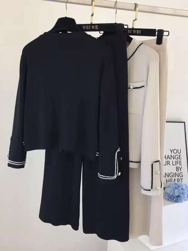 Women Knitted Sweater 2 Pieces Sets Korean Cropped Knitwear Cardigan Tops Conjuntos High Waist Ankle Length Wide Leg Pants Suits 241203Z