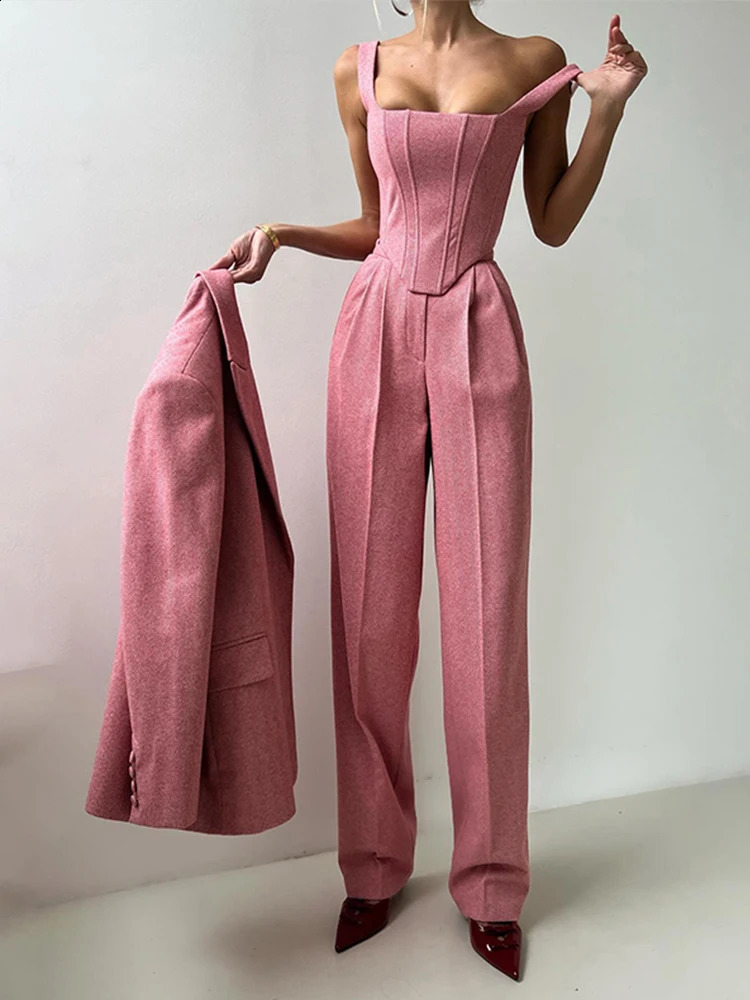 Fashion gray pants set womens 3-piece set elegant long sleeved belt jacket vest top wide waist mens set 241211