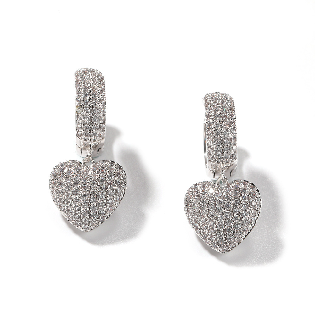 Hip Hop Cubic Zircon Heart Dangle Huggie Hoop Earrings For Men And Women Full Diamond Love Heart Dangle Ear Ring Bling 18k Rose Gold Cz Stones Pendien