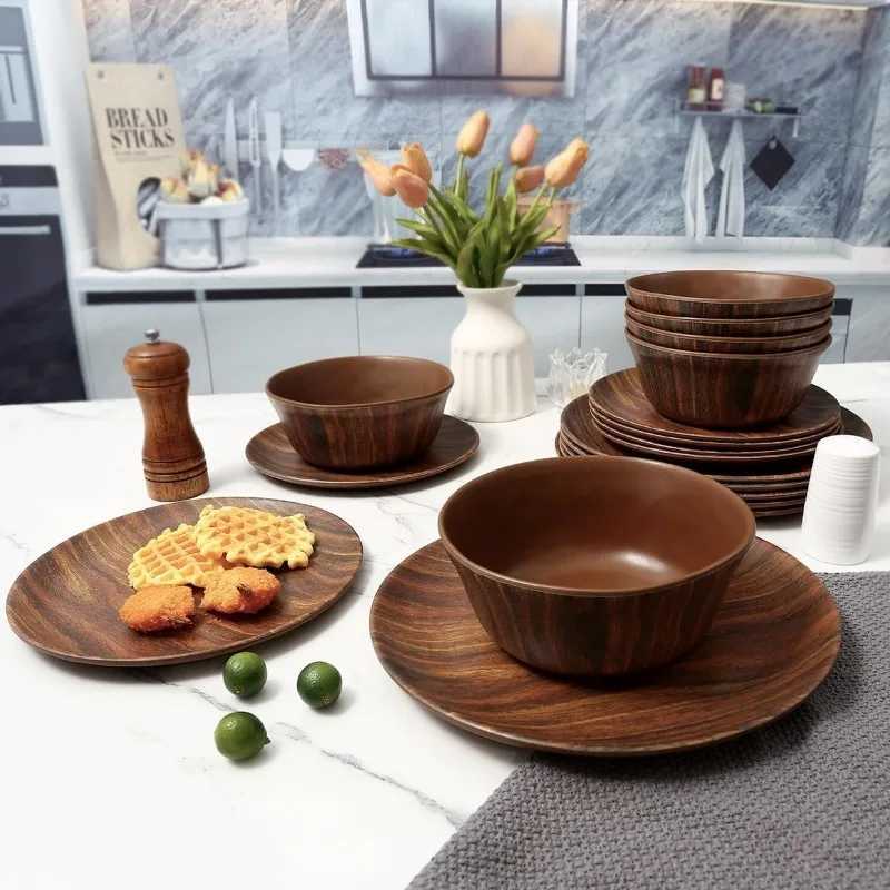 Dinnerware Sets Service for 6 Melamine Dinner Plates and Bowls Set 18-Piece Dishes Set (Red Black)XJ241209