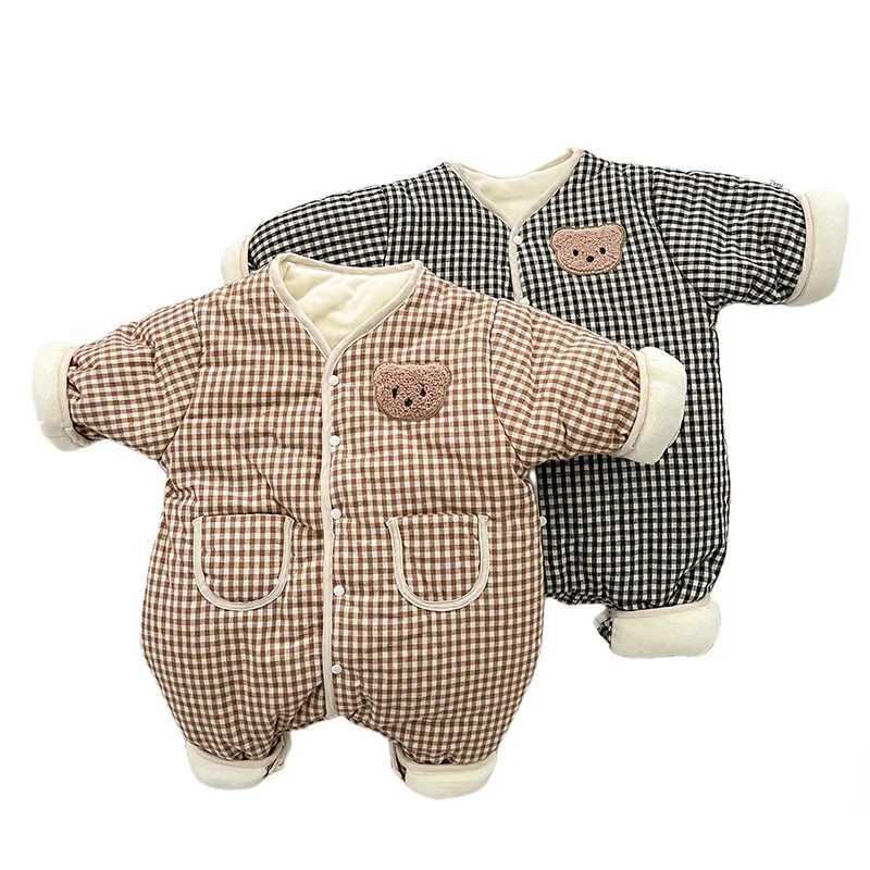 Winter baby girl boy jumpsuit baby thick cotton jumpsuit Korean checkered long sleeved tight fitting clothing newborn baby clothing M241211