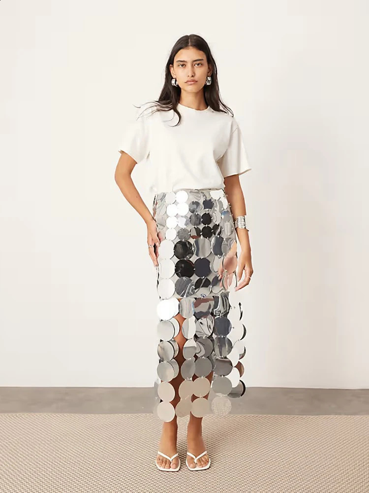 Womens sequin Skirt high waisted hollow high-quality party club Fawhion shining and sparkling Skirt autumn Midi Skirt 241211