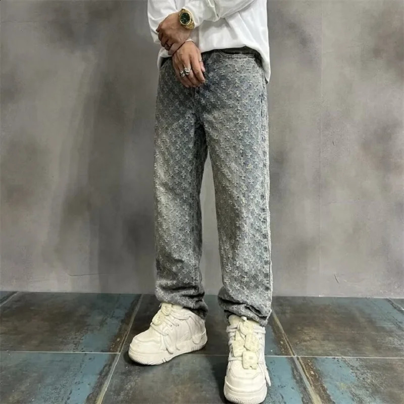 Jacquard All Over High Street Jeans 2024 straight up pattern loose wide leg jeans casual boyfriend pants trend 241206
