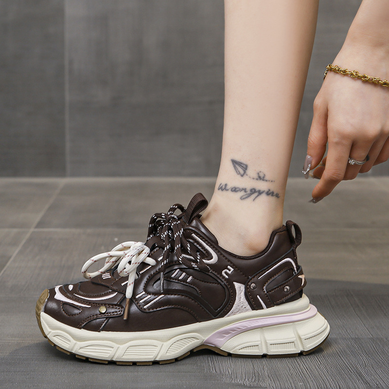 Women Sports Shoes:Mid Heel Retro Style Chunky Running Shoes New Product Anti-slip Versatile Sneakers,Grey/Brown,Free shipping