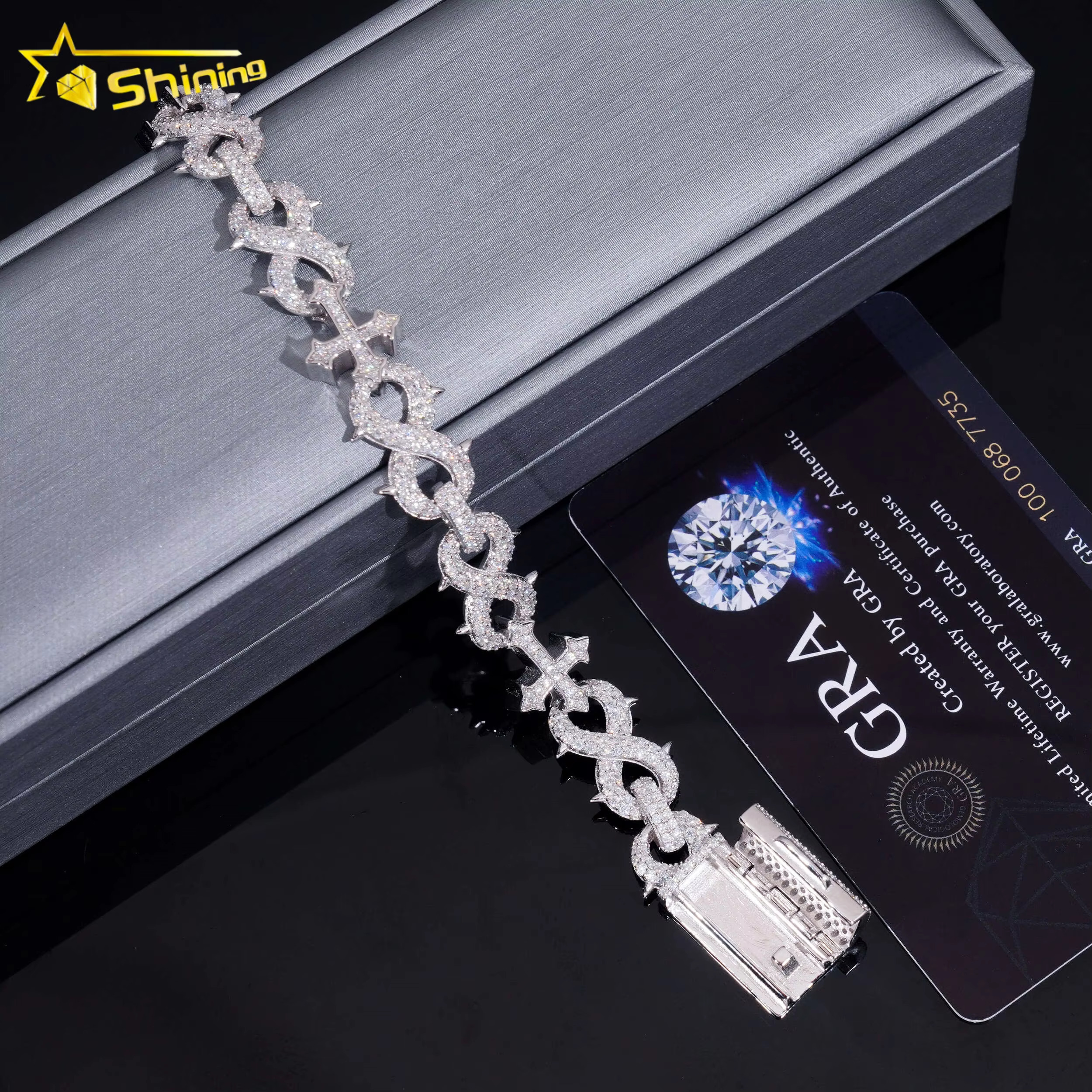 Factory 15mm Width Hip Hop Jewelry Real Silver 925 Gold Plated Vvs Lab Diamond Moissanite Infinity Cuban Link Chain Bracelet