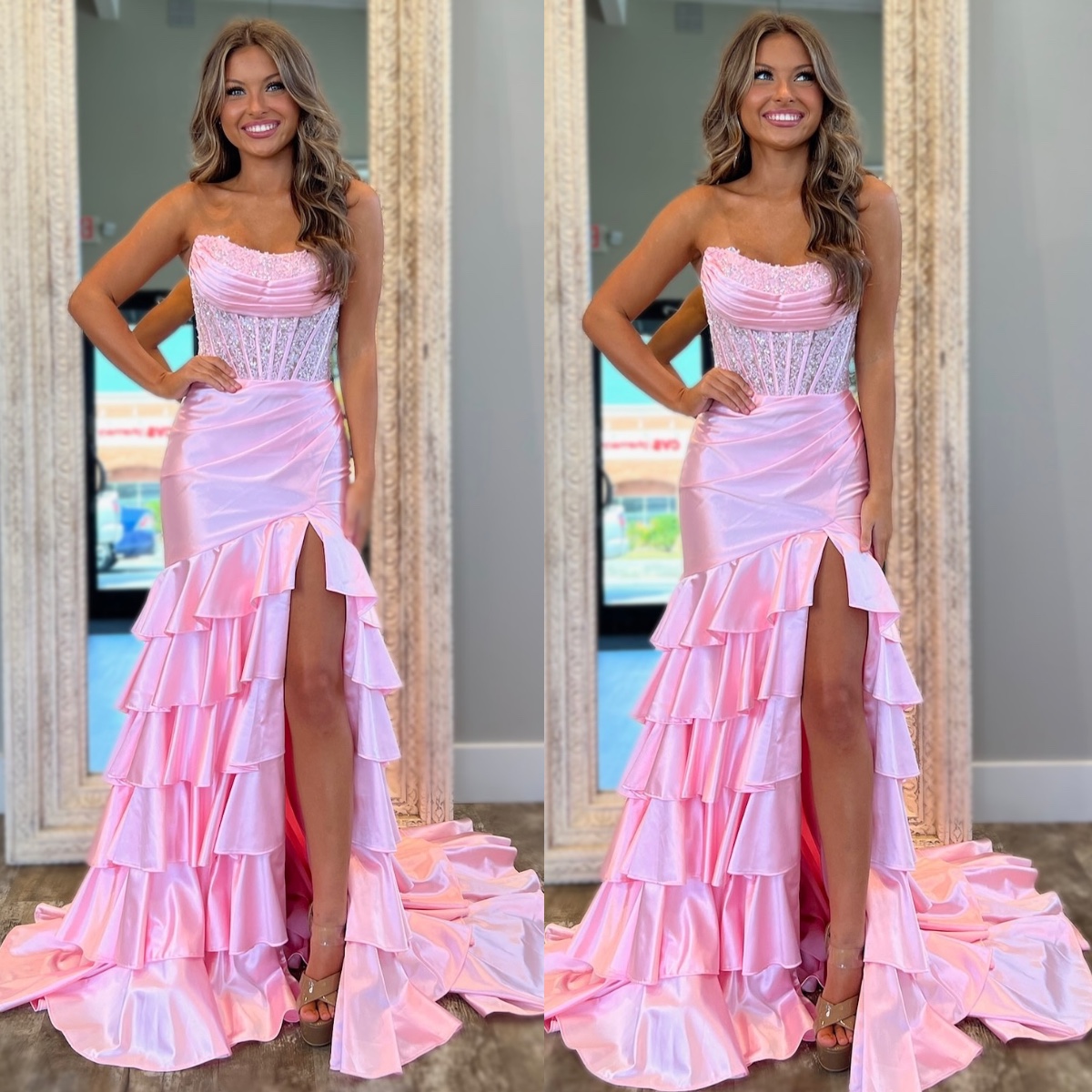 Pink Gorgeous Mermaid Prom Dress Bone Bodice Strapless Evening Tiered Skirt Front Split Dresses For Special Ocns D es