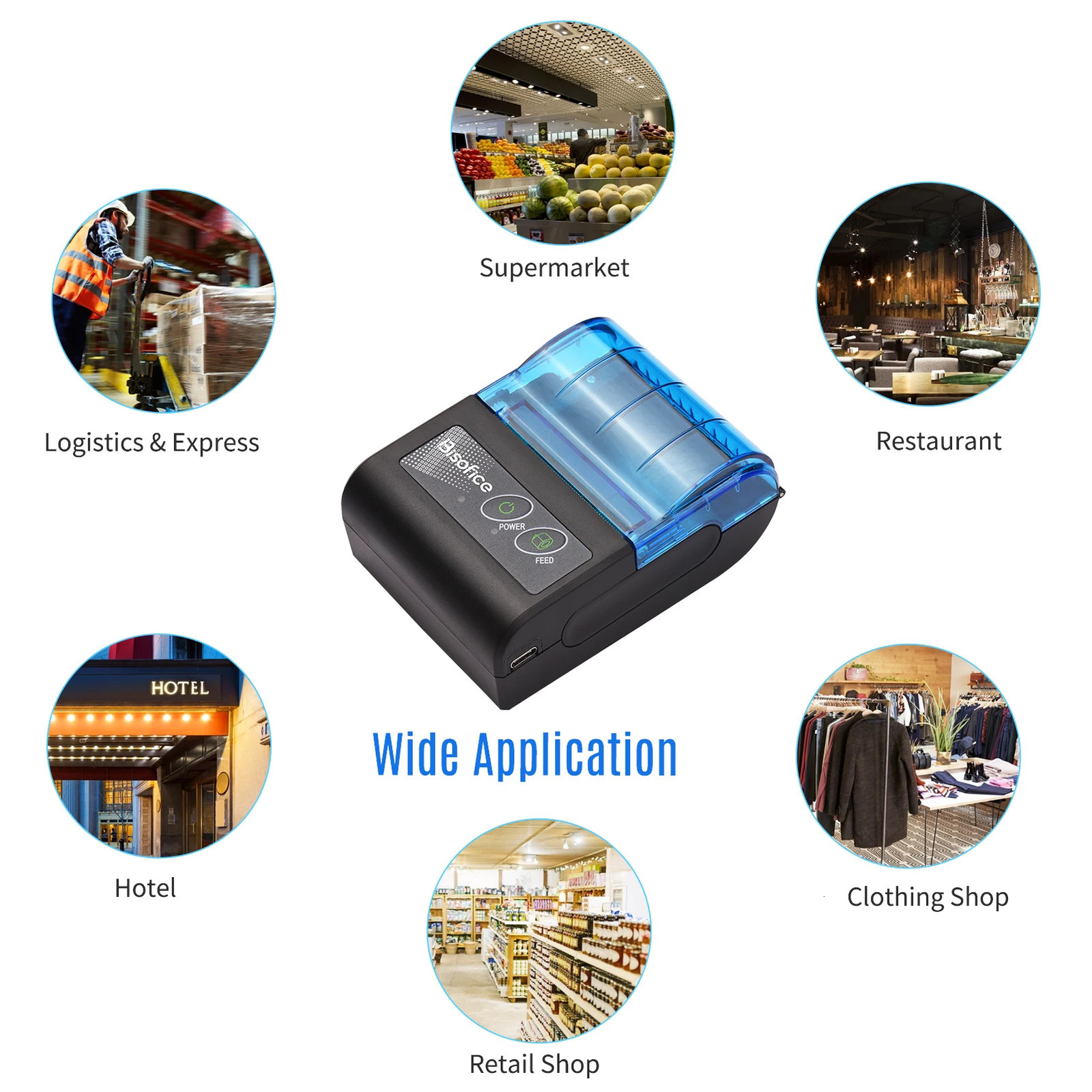 Bisofice portable mini thermal printer 2-inch wireless USB receipt and receipt printer with 58mm printing paper suitable for restaurants 241206