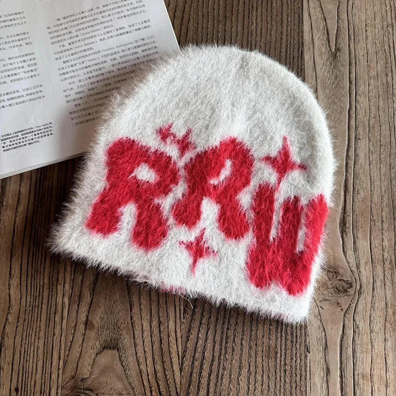 Y2K Letter Plush Knitted Hats Men Womens Autumn Winter Beanie Outdoor Riding Fashion Hats Wool Hip Hop Ear Warm Hat 241211