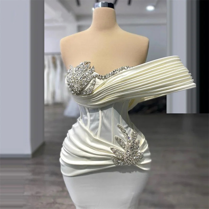 Simple Wedding Dresses One Shoulder Mermaid Crystal Bride Gowns Customize Sleeveless Satin Sweep Train Bridal Dress Plus Size Vestido De Novia 0219