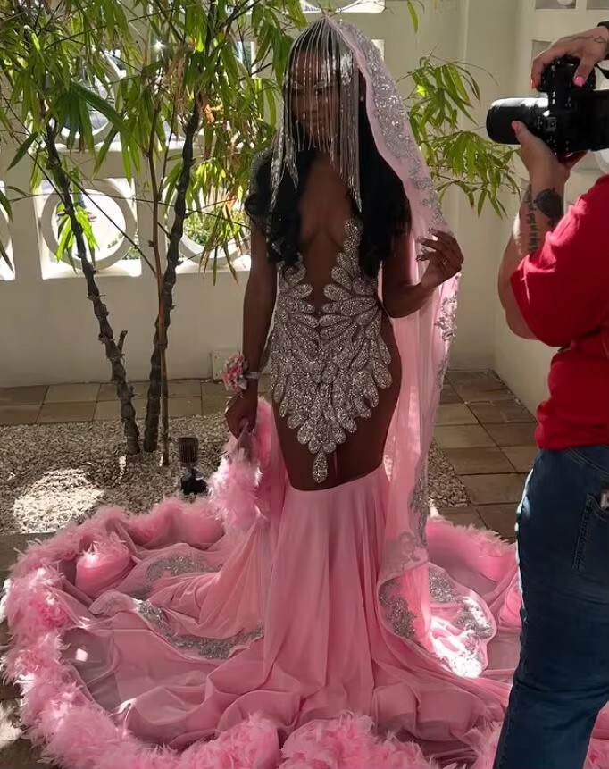 Sparkly Pink Long Mermaid Evening Formal Dresses Dia Feather Sheer Mesh Customsized Prom Birhtday Gala Gown