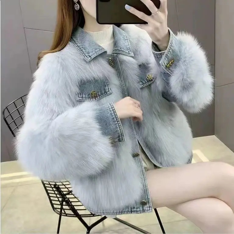 Fashionable womens synthetic mink denim patchwork jacket synthetic fox fur thick denim jacket soft padded open top wool bomber fluffy park top 241210