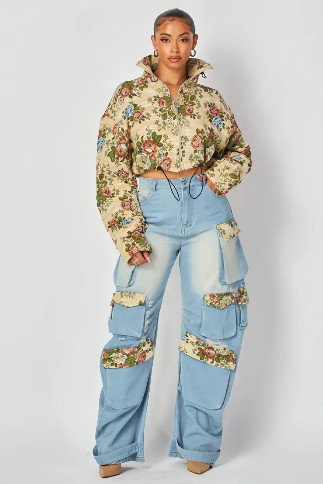 Denim Outfit Women Floral Patchwork Zipper Fly Drawstring Cropped Jacket Pockets Cargo Jeans 2 Piece Set Streetwear Tracksuits 241209
